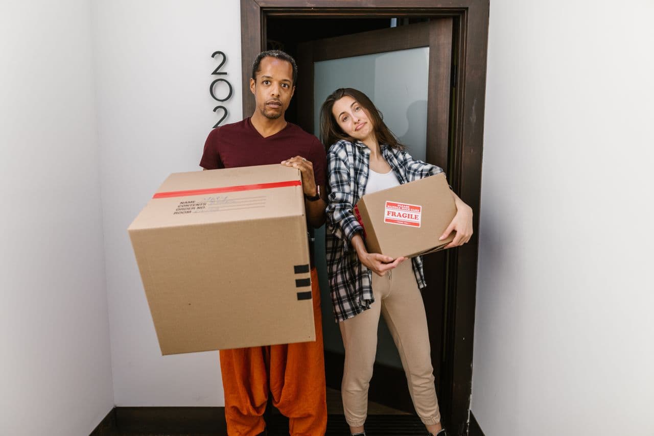 Movers carrying cardboard boxes